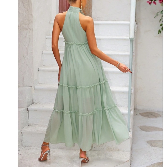 Maternity Mint Green Halter Neck Tie Layered maxi Dress - Picture 3 of 4
